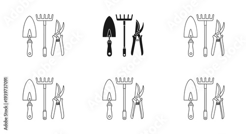 Collection of gardening tools including trowel, rake, and pruning shears in outline style