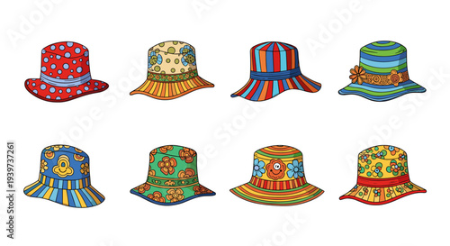 Collection of eight colorful and patterned bucket hats for summer fun