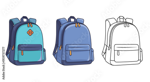 Collection of three cartoon backpacks, one teal, one blue, and one outline version