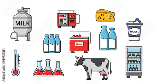 Dairy farm and production icons: cow, milk tank, cheese, yogurt, and equipment