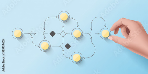 Business process management and automation concept with person moving wooden pieces on flowchart diagram. Workflow implementation to improve productivity and efficiency. Management and organization.