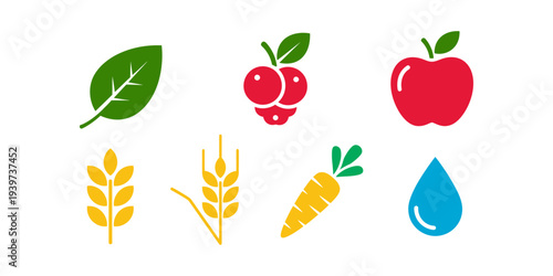 Collection of healthy food logos featuring fruits, vegetables, fish, and eco symbols in clean flat vector style for modern branding needs.