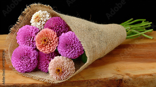 Colorful flowers in natural burlap bundle on wooden table
