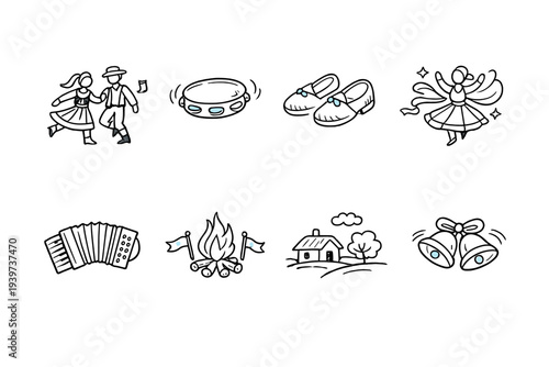 Collection of folk art icons representing traditional culture and celebration