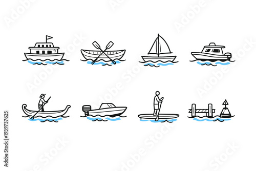 Collection of diverse watercraft and water sports icons on a black background