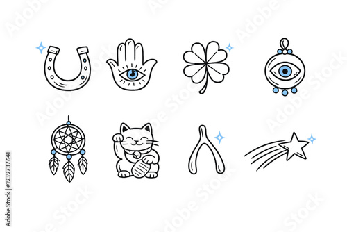 Collection of lucky charms and symbols for good fortune and protection