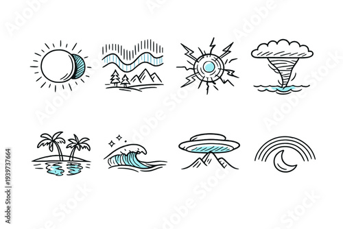 Collection of eight stylized natural phenomena and celestial events icons