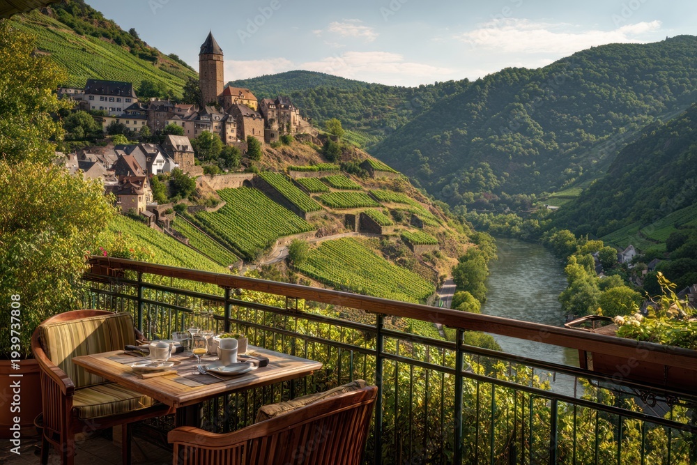 Naklejka premium A wooden table with place settings sits on a scenic balcony overlooking a historic European village, a winding river, and lush terraced vineyards.