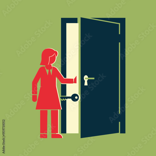 Woman opening a door with a key in hand.