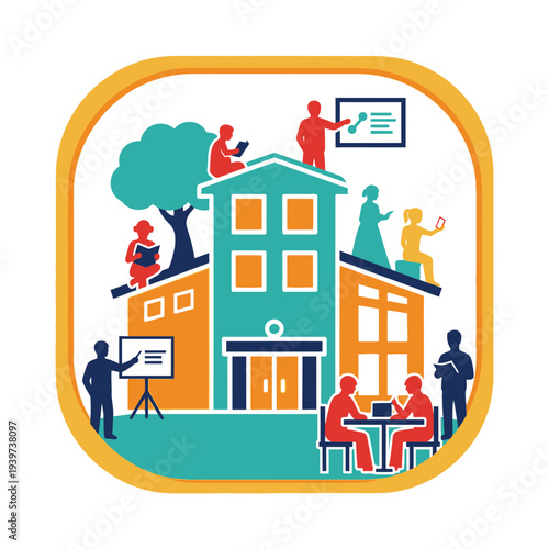 Illustration of people engaging in various activities around a central building.