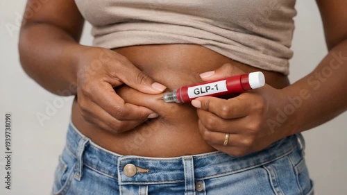 Close-up of a woman's hands administering a GLP-1 injection into her abdomen using a red medical pen. This shot illustrates a patient managing diabetes or weight loss through self-medication at home.
