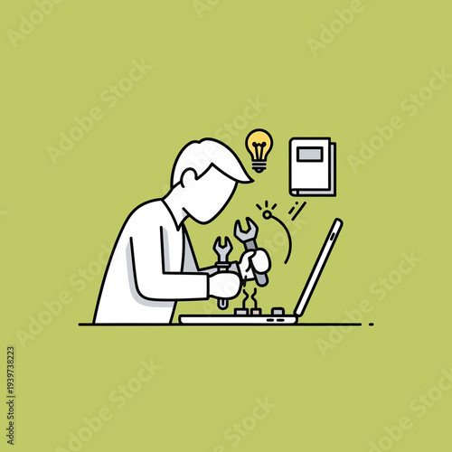 Person repairing a laptop with tools, lightbulb, book, and cable around them.