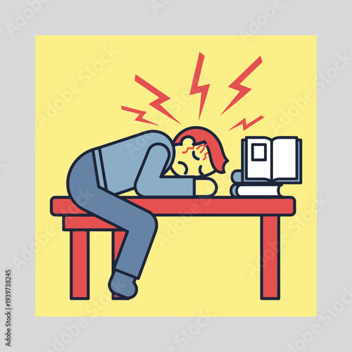 Person with red hair experiencing headache while working at a desk with a computer.