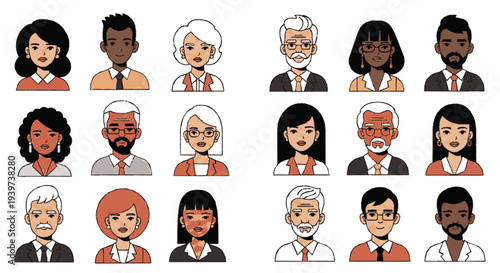 Diverse group of cartoon business professionals with different ethnicities and ages in a grid layout wearing formal attire and corporate