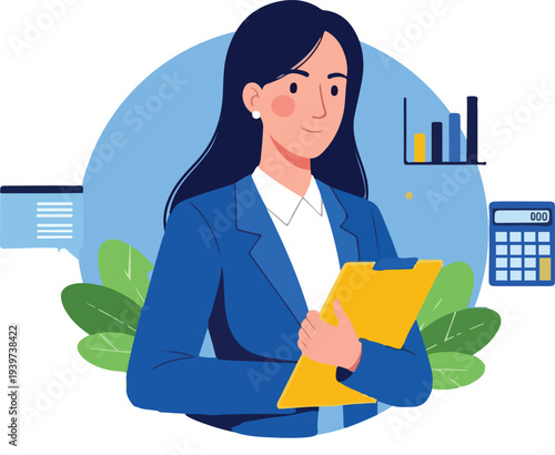 Smart Business Woman: A focused business professional stands ready, clutching a clipboard and radiating competence, with a supportive backdrop of charts, leaves and a calculator.