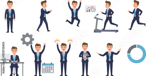 Flat vector illustration set of a businessman character in various poses including running, jumping, working at a desk, and celebrating success.