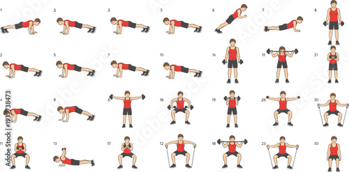 Flat vector illustration set of a man performing various gym exercises including pushups, weightlifting, squats, and resistance band training