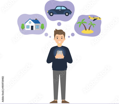 Flat vector illustration of a young man using a smartphone and dreaming about buying a house, car, and traveling