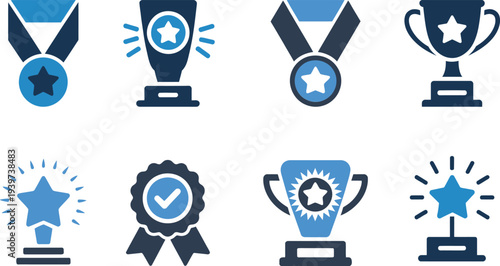 Blue and Black Award Icon Set with Trophy, Medal, and Badge Vector Illustrations