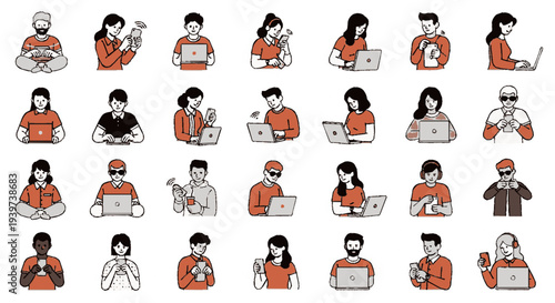 Diverse people working remotely with laptops and documents in orange shirts on white background