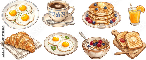 Breakfast clipart set: pancakes, croissant, fried eggs, toast, coffee cup, muesli, cozy watercolour illustration, morning food collection, isolated, white background, no text, PNG, transparent