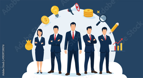 United Professional Collective: A team of confident professionals stands united, surrounded by symbols of innovation and financial success. The image embodies teamwork, strategic thinking.