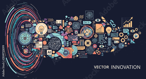 Abstract visualization of artificial intelligence and innovation, featuring swirling data streams and interconnected technological elements.