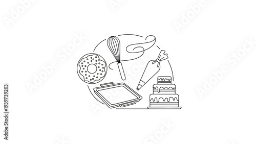 Baking tools and sweet desserts line art illustration.