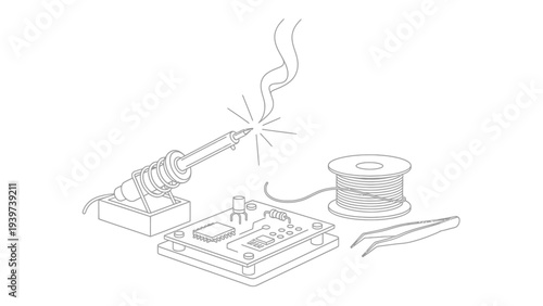A detailed line art illustration of electronics soldering tools and a circuit board.