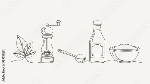 Minimalist continuous line art of kitchen ingredients and spices.