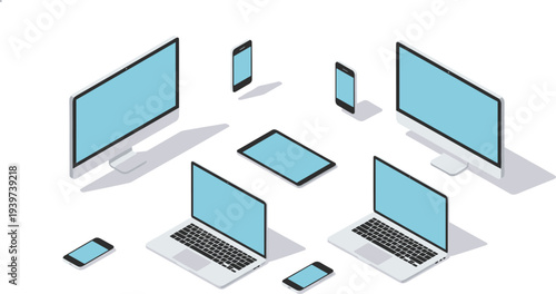 Isometric vector illustration set of modern digital devices including desktop computers, laptops, tablets, and smartphones for responsive web design concepts.Isometric vector illustration.q