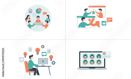 Flat vector illustration set of remote business teams collaborating through video calls, virtual meetings, and digital workspace productivity tools.n