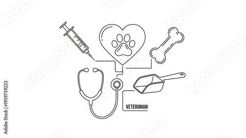 Veterinary care concept with icons for pet health and animal welfare.