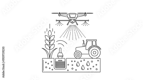 Smart farming technology with drone, sensor, and tractor for modern agriculture.