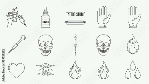 Tattoo Studio Outline Icons Set