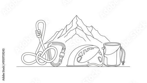 A collection of mountain climbing gear with a majestic mountain in the background.