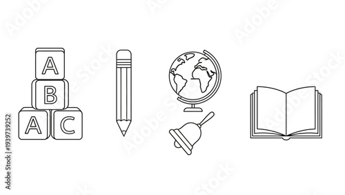 Icon set of educational items and school supplies