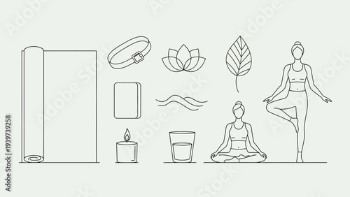 Line art collection of yoga and meditation accessories and poses.