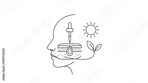 Skin care serum applied to face with sun and leaves