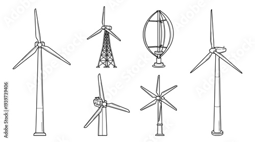 wind turbine , realistic line art vector set , white background , PNG and SVG isolate