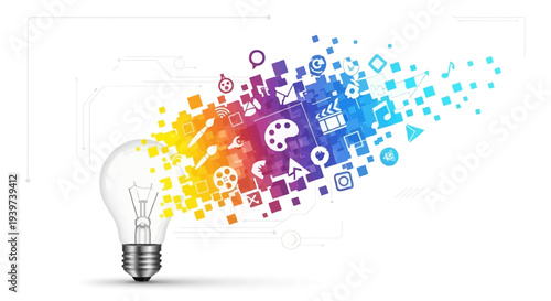 Light bulb emitting a vibrant stream of colorful digital icons representing creativity, innovation, and diverse ideas.