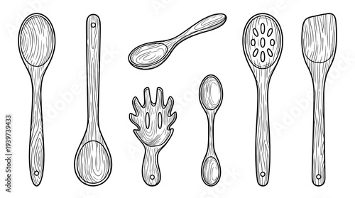 wooden spoon , realistic line art vector set , white background , PNG and SVG isolate