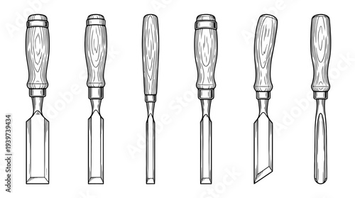 woodworking chisel , realistic line art vector set , white background , PNG and SVG isolate