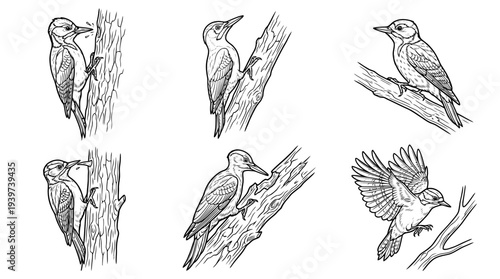 woodpecker , realistic line art vector set , white background , PNG and SVG isolate