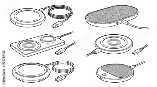 wireless charging pad , realistic line art vector set , white background , PNG and SVG isolate