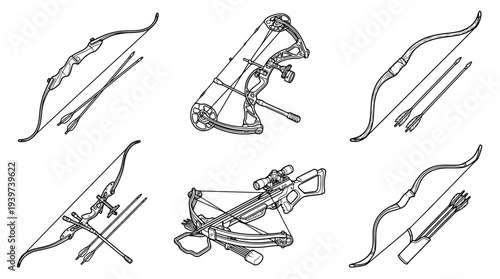 archery bow , realistic line art vector set , white background , PNG and SVG isolate