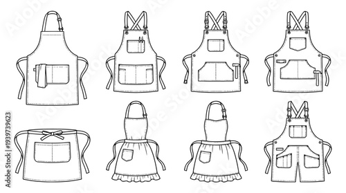 apron , realistic line art vector set , white background , PNG and SVG isolate