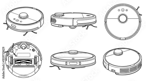 automatic vacuum robot , realistic line art vector set , white background , PNG and SVG isolate