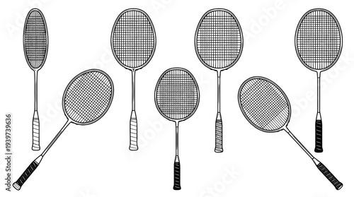badminton racket , realistic line art vector set , white background , PNG and SVG isolate