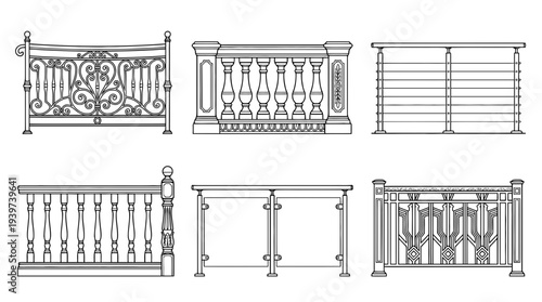 balustrade , realistic line art vector set , white background , PNG and SVG isolate